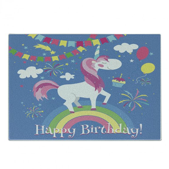 Unicorn Party Cutting Board, Happy Birthday Words with Animal Marching on Rainbow with Balloons, Decorative Tempered Glass Cutting and Serving Board, Small Size, Multicolor, by Ambesonne
