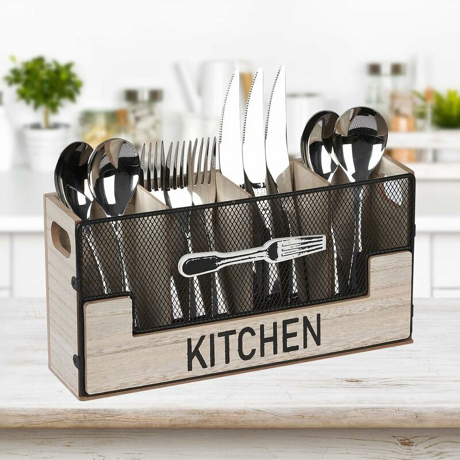 Main Model A Wooden Cutlery Holder 4 Compartments, Cutlery Organizer for Table, Decorative Cutlery Storage, Cutlery Basket, Kitchen Utensil Holder for Forks