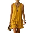 thumbnail image 2 of Women's Cotton Linen V Neck Sleeveless Mini Dress Babydoll Summer Cute Layered Ruffle Swing Tank Dress, 2 of 7
