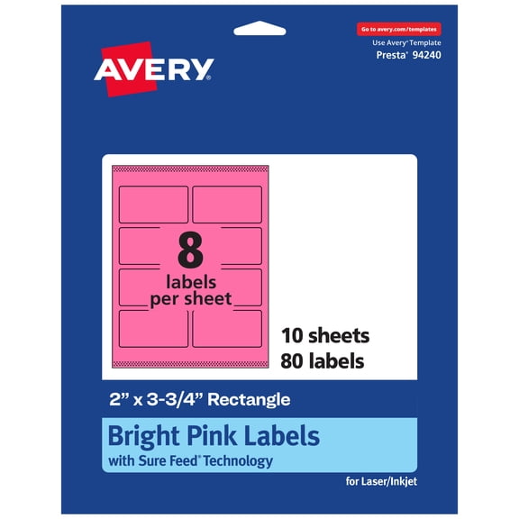 Avery Printable Rectangle Labels, Bright Pink, 2" x 3.75", 80ct