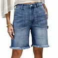 thumbnail image 2 of Women's Slim Fit High Waist Denim Shorts Vintage Washed Blue, Raw Edge Hem for Casual Summer Style,Dark Blue L, 2 of 5