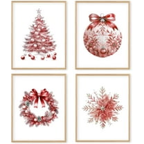 Hieng Red Christmas Winter Unframed Wall Art Prints, Tree Bell Snowflake Posters for Home Bedroom Livingroom Decor Set of 4