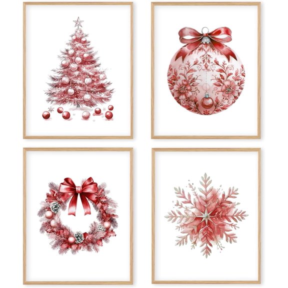 Hieng Red Christmas Winter Unframed Wall Art Prints, Tree Bell Snowflake Posters for Home Bedroom Livingroom Decor Set of 4