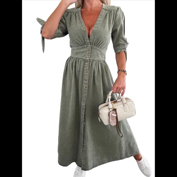 Vestido de Mezclilla con Cuello en V y Botones para Mujer, Cintura Media, Corta y Abertura Verde S