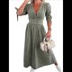 thumbnail image 1 of Vestido de Mezclilla con Cuello en V y Botones para Mujer, Cintura Media, Corta y Abertura Verde S, 1 of 9