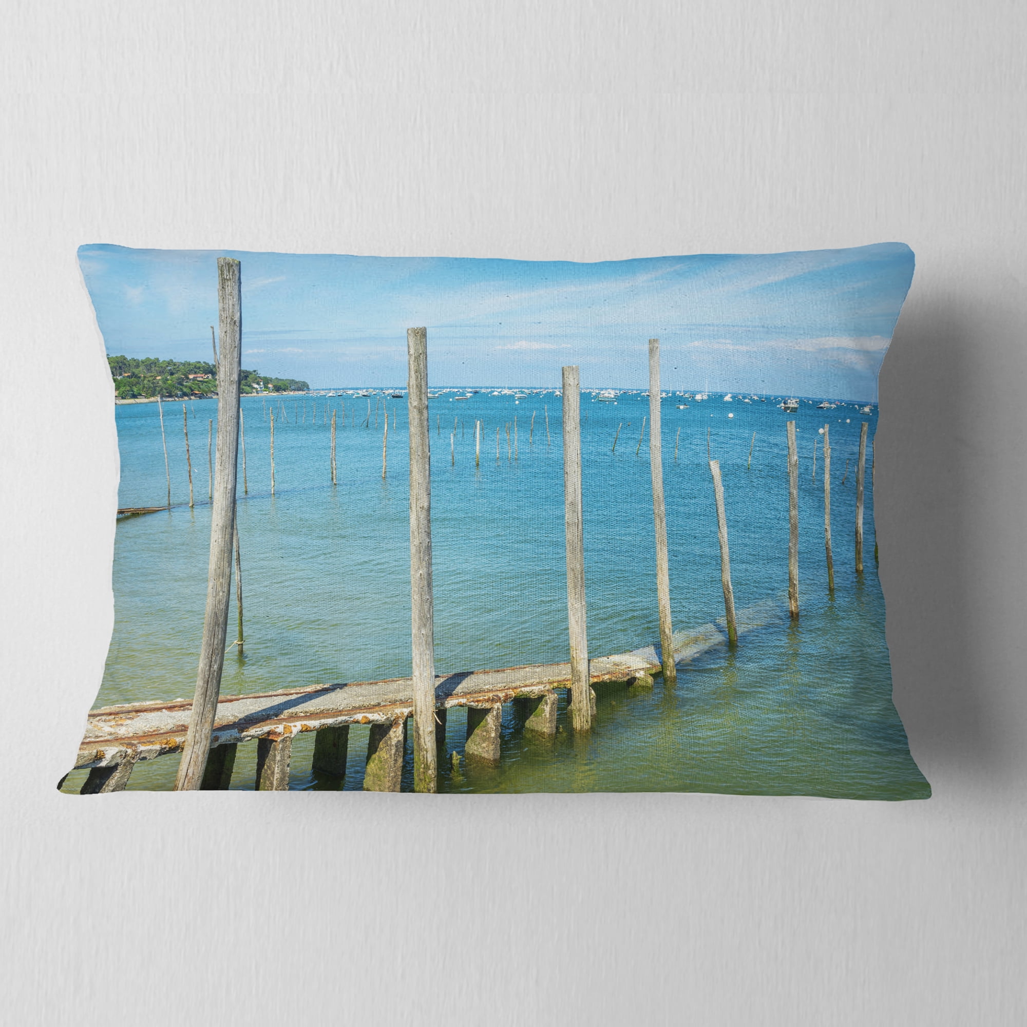 Designart Wooden Piers by Blue Sea - Seascape Throw Pillow - 12x20