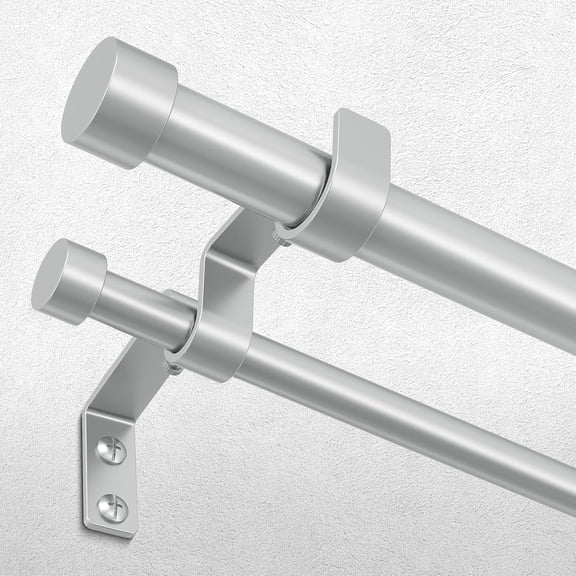 Silver Double Curtain Rod, Adjustable 72 to 144 Inches, Telescopic Heavy Duty Dual Rod with Modern Aluminum End Caps