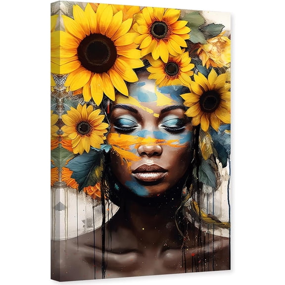 ZHONGYUTONG African American Wall Art Black Girl Canvas Yellow Sunflower and Black Woman Painting Picture for Bedroom Decor Framed (12.00" x 18.00")