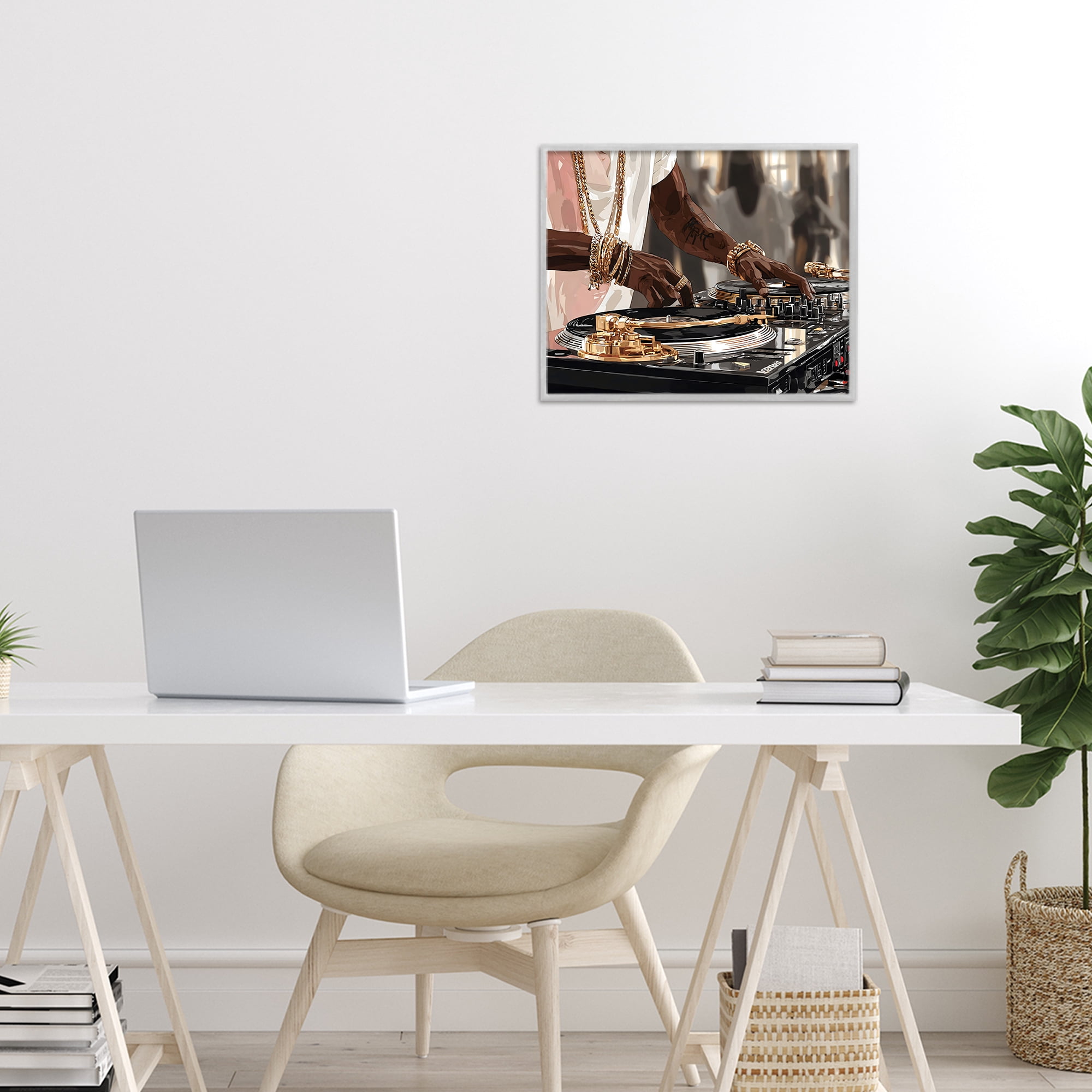Stupell Industries Golden Sound DJ Turntables Gray Framed Giclee Art, design by Franklyn Gregory