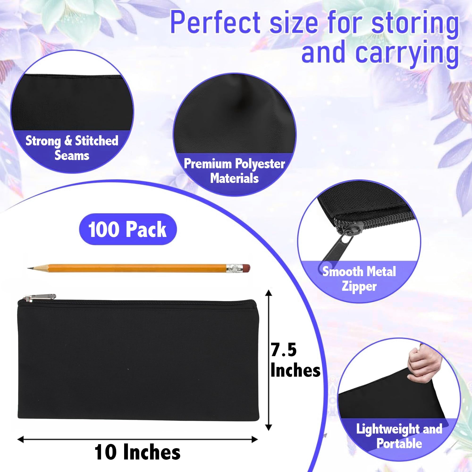 100 Pack of Bulk Wholesale Solid Color Zippered Pencil Cases for Pens, Pencils, Markers, Crayons and Stationary Writing Supplies in Black