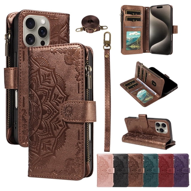 For iPhone 15 Pro Max Wallet Case, 9 Card Slots RFID Blocking Crossbody Leather Cover, Zipper Pocket, Detachable Wrist & Shoulder Strap, Magnetic Shockproof Protective Phone Case for Women,Brown