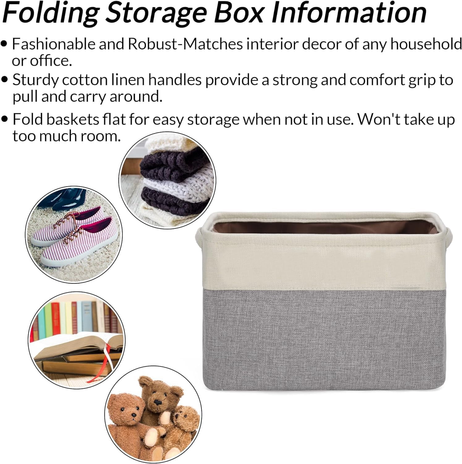 Linen Closet Collapsible Storage Basket Bin for Shelves, Fabric Rectangle Organizers with Handles for Home,Nursery,Clothes, Toys,Books, Laundry