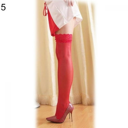 

Grofry Women Stockings Ladies Lace Flower Thigh High Elastic Pantyhose Nightclub Red