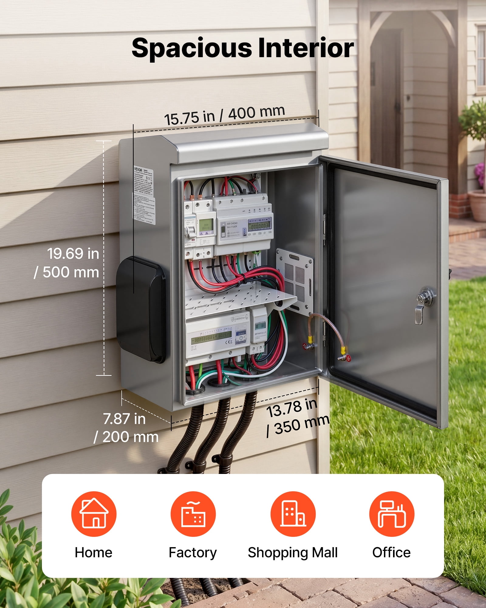 VEVOR Outdoor Electrical Box, 20 x 16 x 8 in, Stainless Steel Ventilated Electrical Enclosure with Thermostat and Fan, Rain Hood, Hinge Connection, IP65 Waterproof Junction Box, Wall/Pole Mounted,