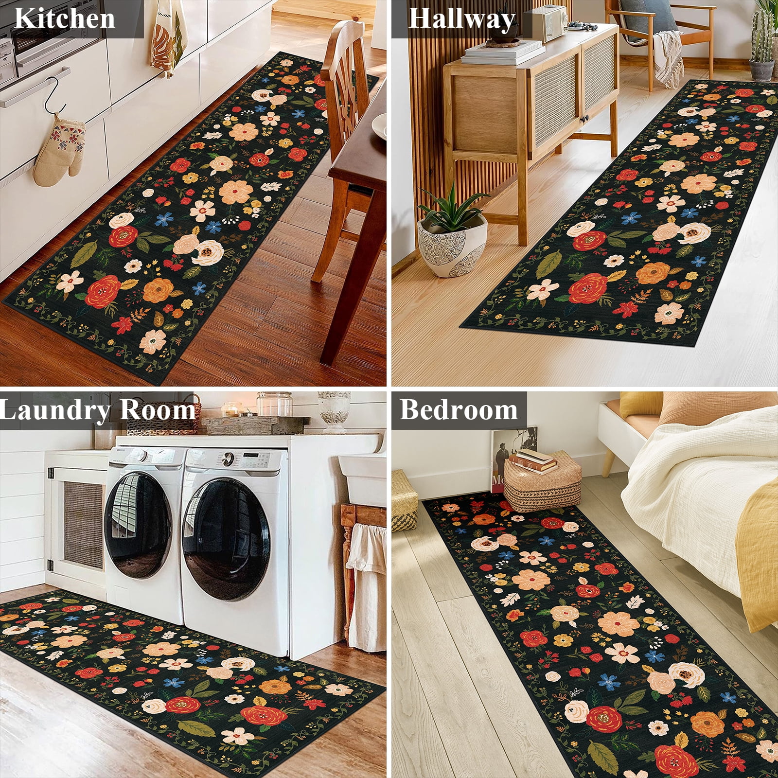 2'x 6' Boho Runner Rug for Hallways, Soft Non Slip Washable Runner Rug Floral Floor Carpet Runner Rug for Entryway Laundry Room Bathroom