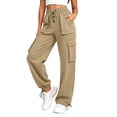 thumbnail image 2 of ClodeEU Women's High Waist Drawstring Cargo Pants,Casual Summer Straight Leg Hiking Athletic Pants with Pockets Beige,Women's Plus L, 2 of 8