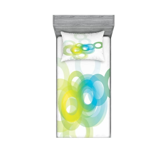 Ambesonne Abstract Fitted Sheet & Pillow Sham Set, Modern Ombre Circle, Twin, Blue White and Yellow