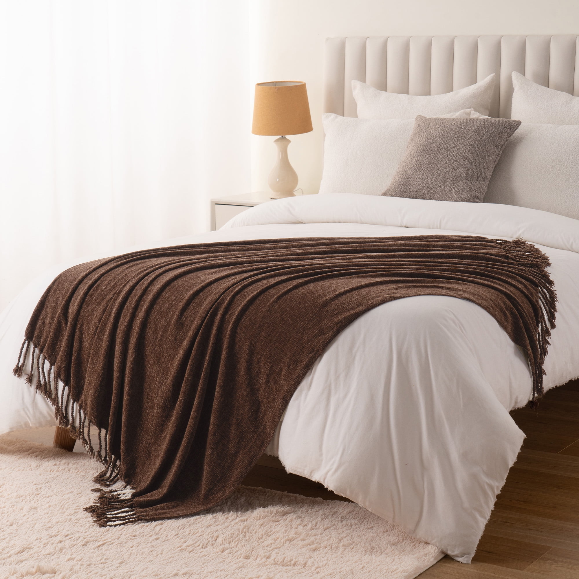 Battilo Dark Brown Chenille Throw Blanket,Chocolate Brown Knit Throws with Tassels,50"x60"