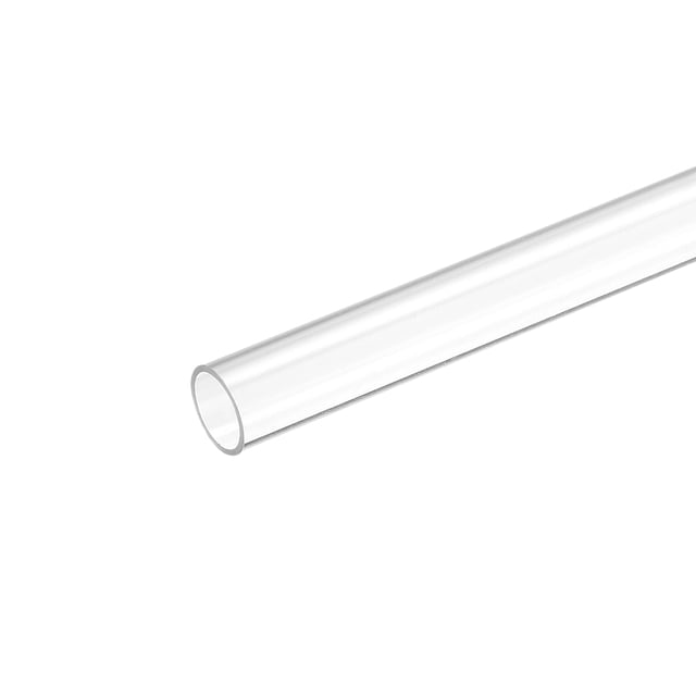 plástico tubería rígido policarbonato redondo tubo transparente 0,43"(11mm) id 0,47"(12mm) od 17" (425mm) alto impacto para iluminación, maquetas, agua plomería Tubo rígido de policarbonato transparente en vista 3/4, 425 mm de largo, 11 mm de diámetro interior, 12 mm exterior y 0,5 mm de grosor; superficie lisa y alta transmisión de luz sobre fondo blanco. Suele emplearse en iluminación, sistemas de refrigeración por agua y maquetas.