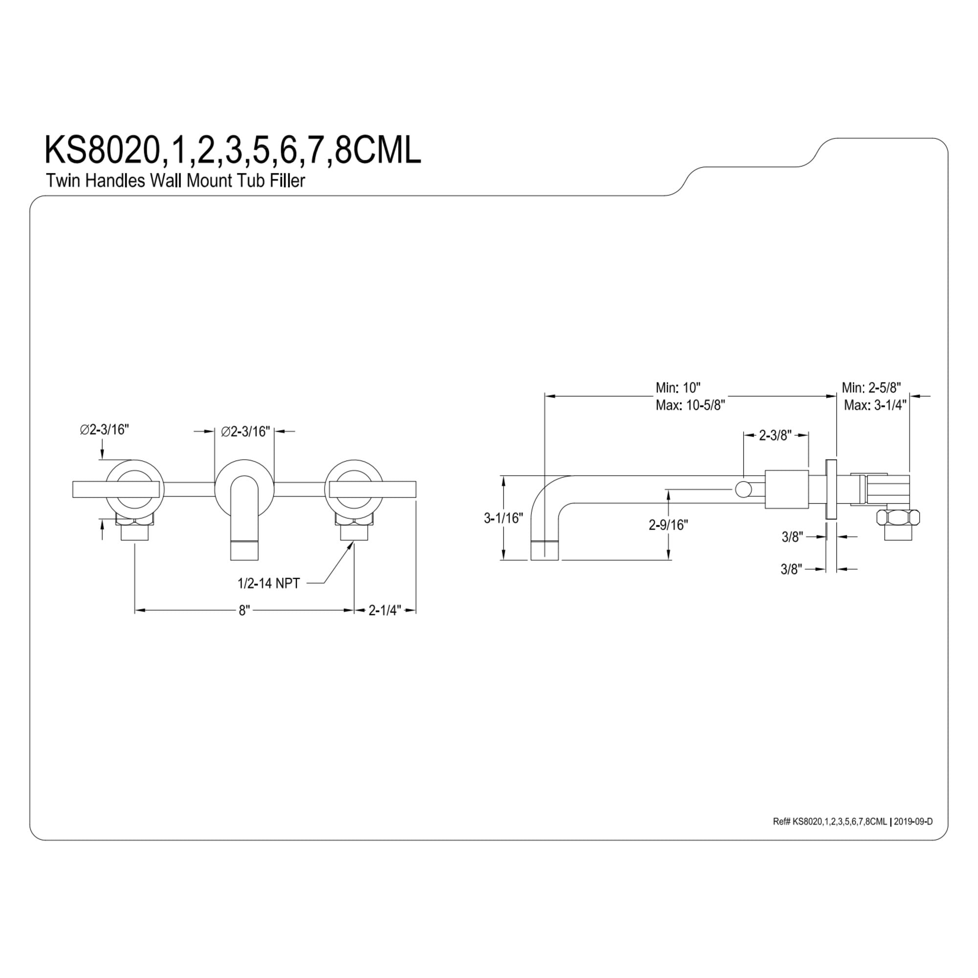 Kingston Brass KS8028CML Manhattan Two-Handle Wall Mount Roman Tub Faucet, Brushed Nickel