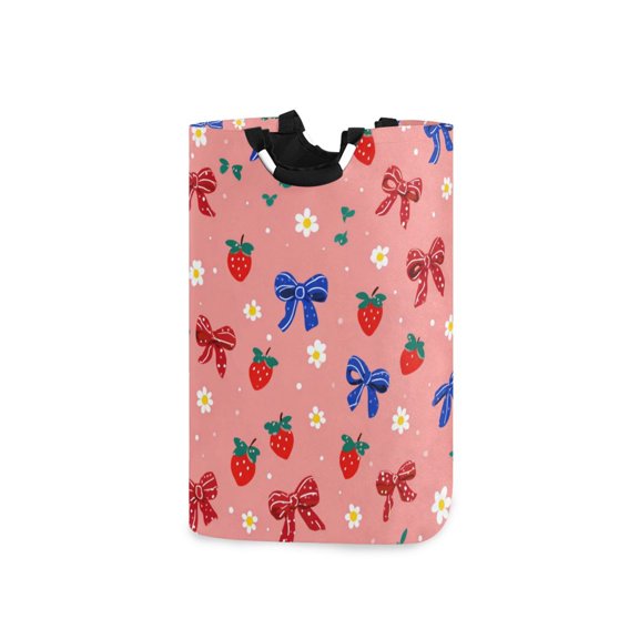 Foldable Laundry Hamper Bag with Handles Dirty Clothes Basket 12.6" x 11" x 22.7" Bows and Strawberries Pattern