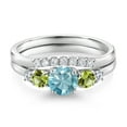 thumbnail image 3 of Gem Stone King 10K White Gold Blue Zircon Green Peridot and White Lab Grown Diamond 5 Stone Bridal Engagement Wedding Ring Set for Women (1.20 Cttw, Round: 5MM and 3MM, Size 5), 3 of 6