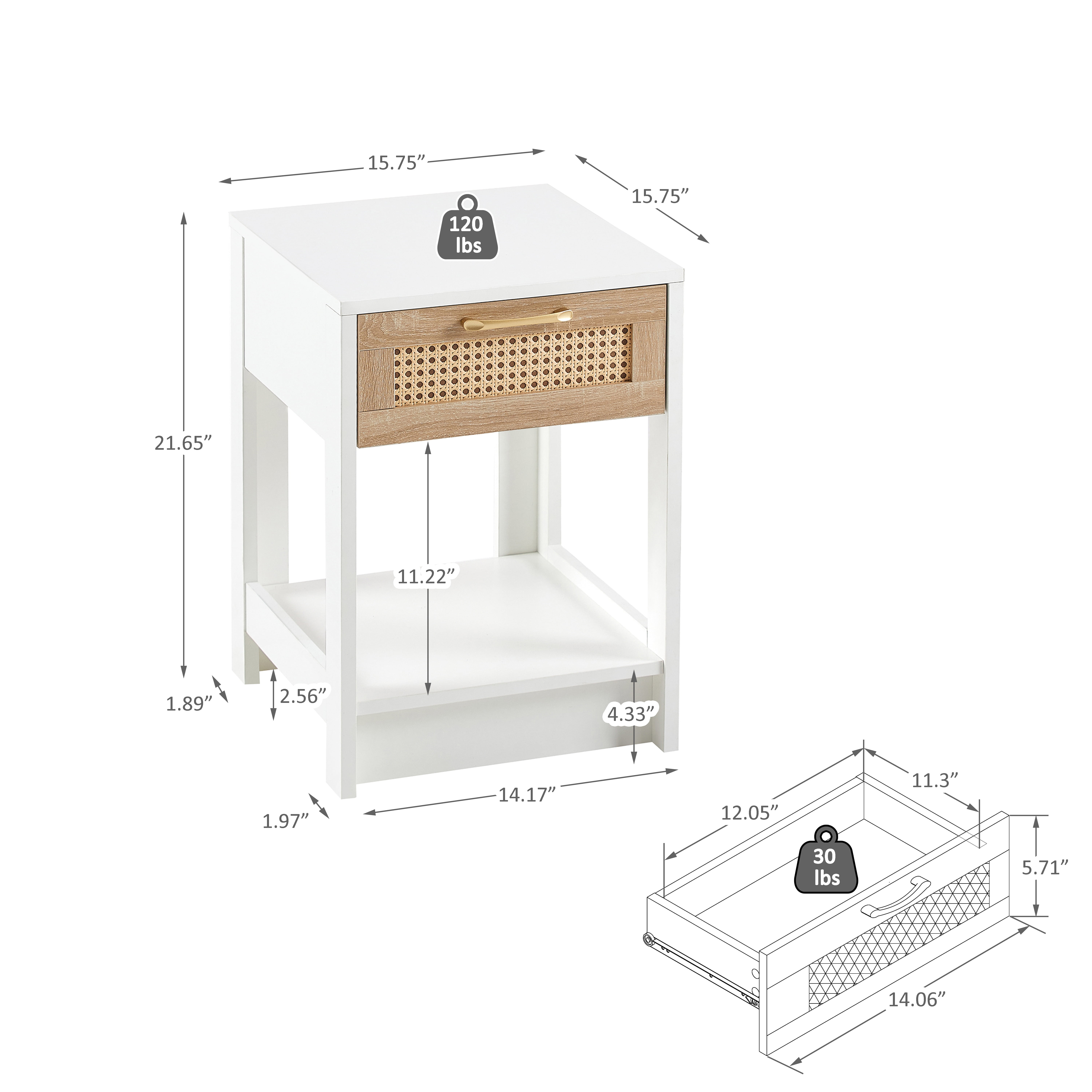 Aukfa Rattan Nightstand with Drawers for Bedroom - White