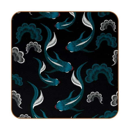 

OWNTA Chinese Dark Blue Fishes Cloud Pattern Premium 6-Piece Square Coaster Set in Microfiber Leather - Non-Slip & Absorbent Cup Mats