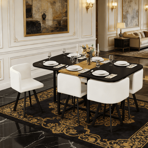 7-Piece Modern Dining Table and Chair Set - Black & Wood Grain Kitchen Table with 6 White Faux Leather Chairs, Space-Saving Dinette Set for Small Spaces, Apartment, Breakfast Nook, Kitchen