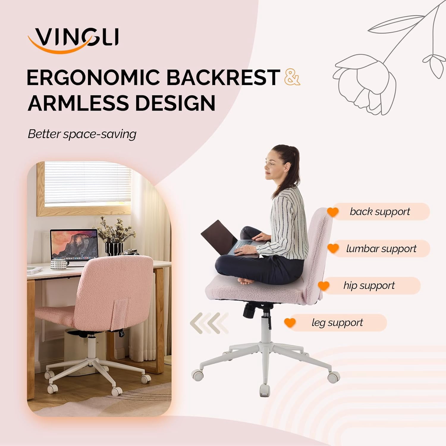 JOYMOR Modern Vanity Chair Dual-Use with/no Wheels, Armless Criss Cross Legged Chair, Swivel Wide Comfy Office Desk Chair, Computer Chair
