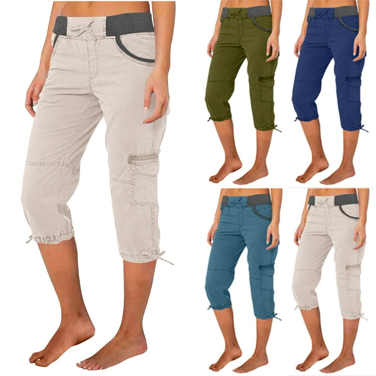 ShomPort Elastic Loose Crop Women's Cargo Capri Pants, High ShomPort Elastic Loose Crop Women's Cargo Capri Pants, High