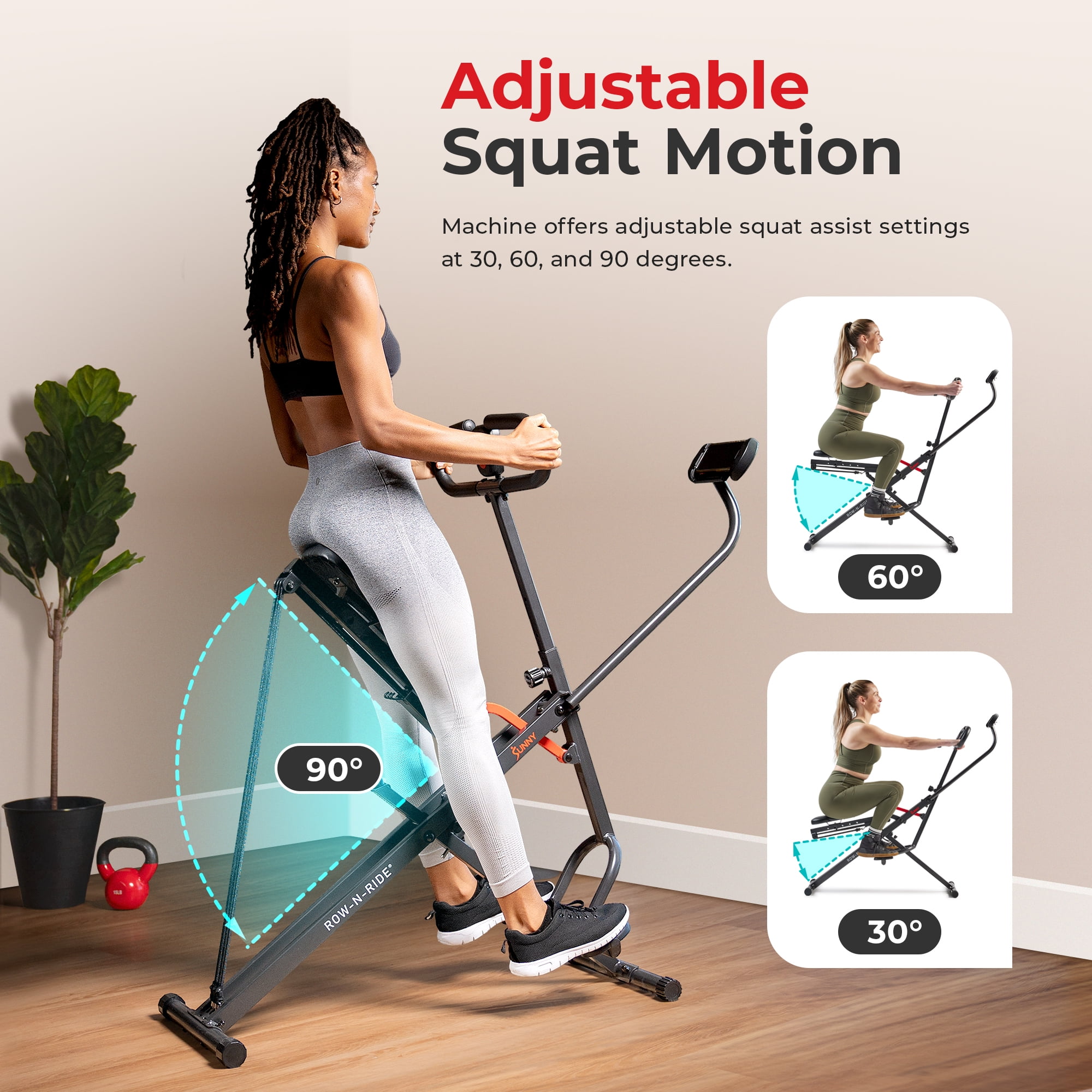 Sunny Health Fitness Brandclub Sunny Health Fitness Squat Rower Row N Ride Glute Leg Core Assist w Smart Bluetooth Free SunnyFit App NO. 077SMART