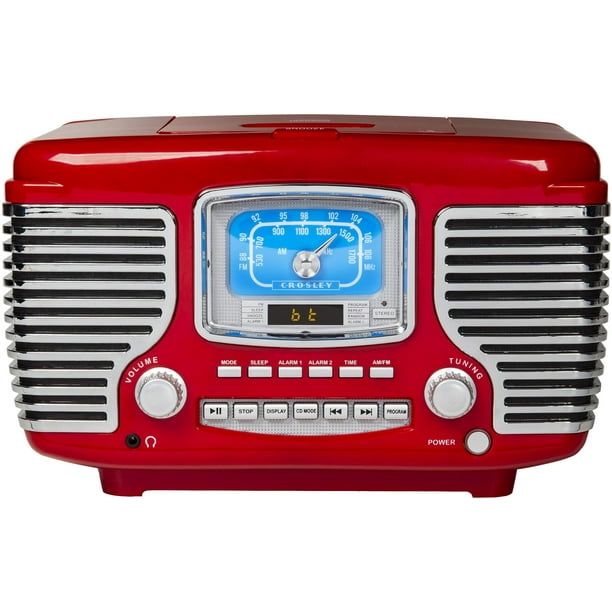 Crosley CR612B-RE Corsair Radio AM/FM Bluetooth de mesa con reproductor de CD y reloj despertador dual, rojo
