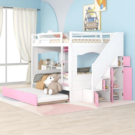 UBesGoo Full Over Full Bunk Bed with Trundle  Stairs Ladders Solid Wood Bunk bed with Storage Cabinet ï¼?White + Pinkï¼?