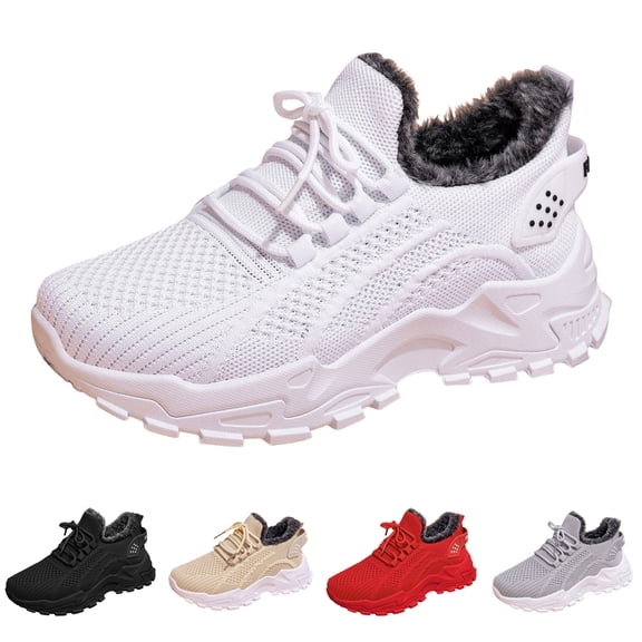 Modisza Breathable Walking Sneakers for Women Winter Fleece Lined Mesh Tennis Shoes Lace Up Arch Support Running Sneaker Black Size 6