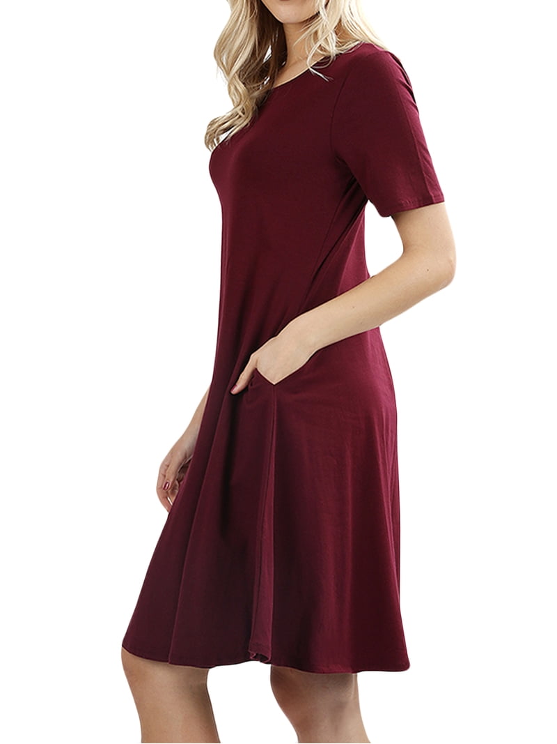 Womens Round Neck Short Sleeve Stretch Cotton Side Pocket A-line Fit & Flare Dress - Walmart.com Womens Round Neck Short Sleeve Stretch Cotton Side Pocket A-line Fit & Flare Dress - Walmart.com