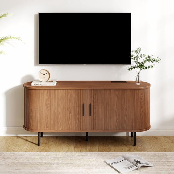 55" TV Stand with Power Outlet, Entertainment Center for TVs up to 60" with Storage and Adjustable Shelves, Modern Media Console with Sliding Doors for Living Room, Walnut