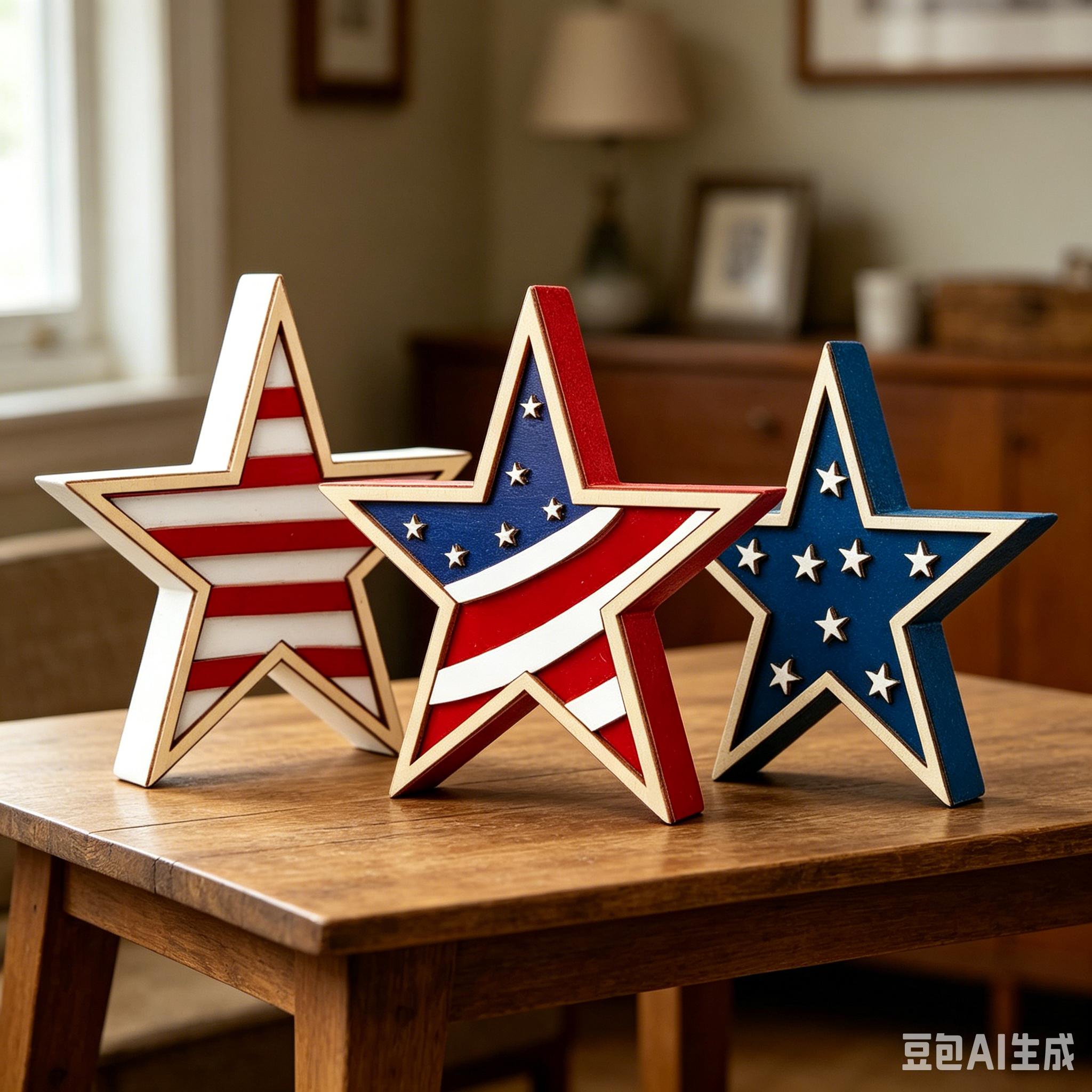 4th of July Decorations Wooden Stars, Patriotic Memorial Day Star Decor, Fourth of July Red White Blue Decoration for Home Office Table Shelf, 3 Pcs