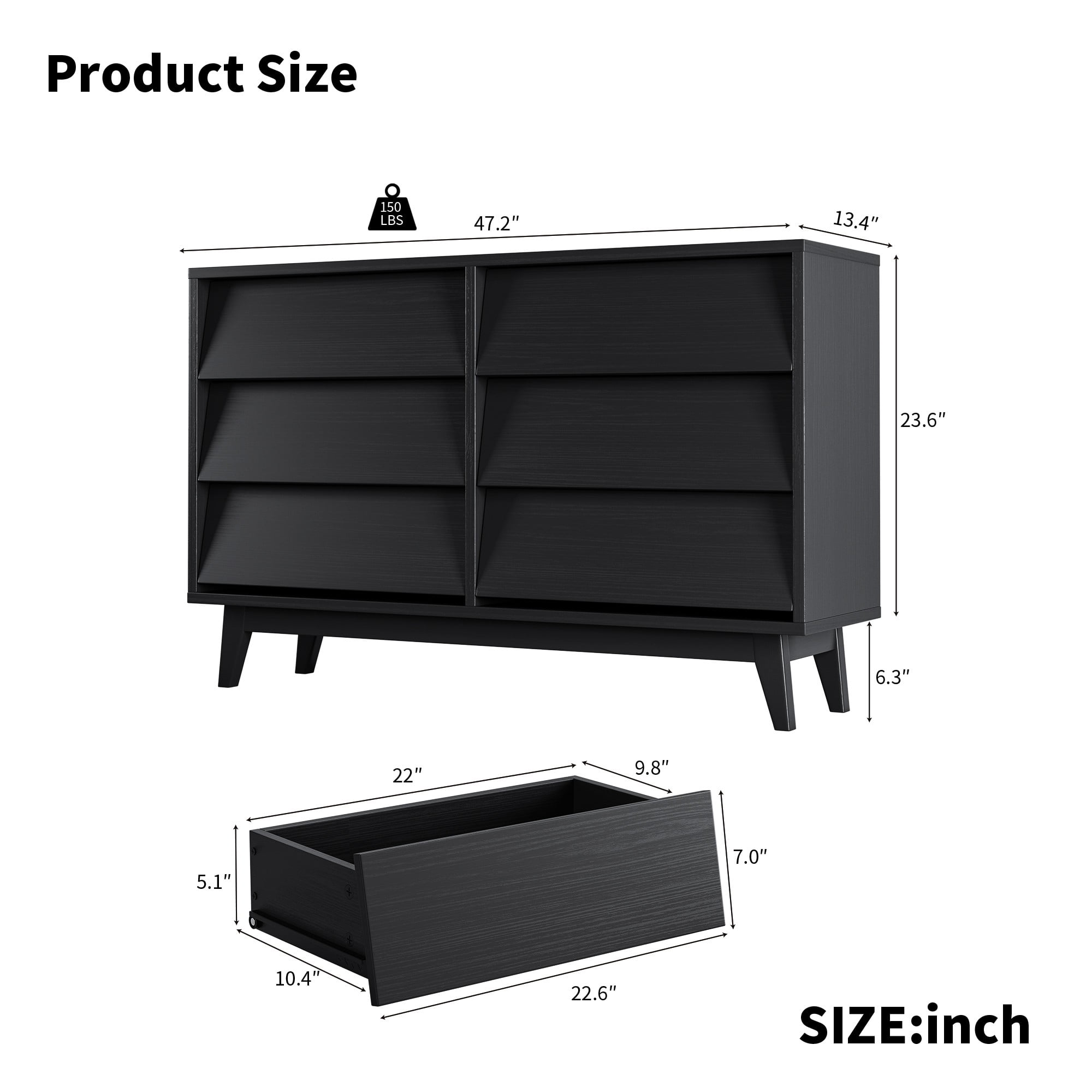 6 Drawer Dresser,Vintage Bevel Design Double Dresser,Chest of Drawers for Living Room,Hallway,Black