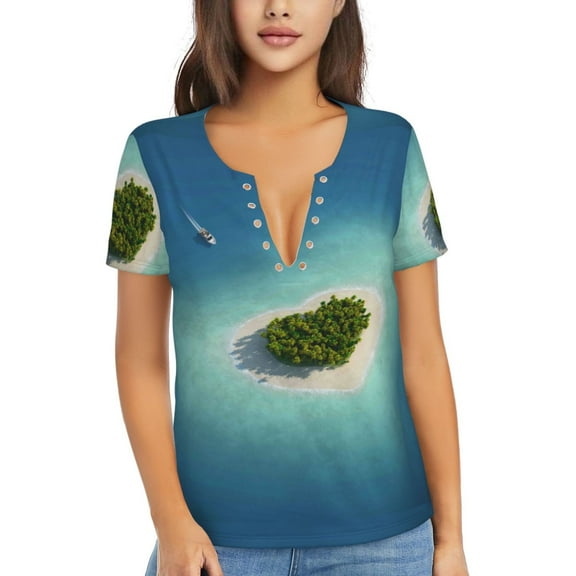 Naloa Paradise Island Print T-Shirts Short Sleeve V Neck Tees for Women Fashion Tops Trendy Lightweight Soft Casual Summer Outfits Clothes