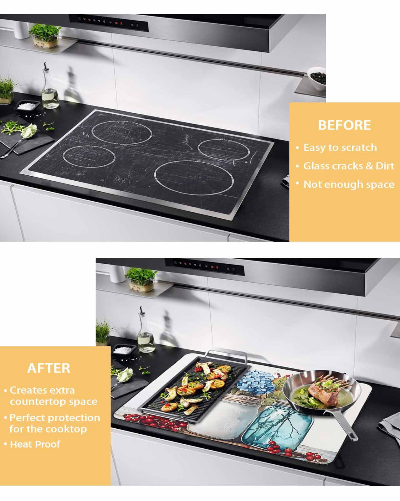 nqOlkjepod Large Induction Cooktop Protector Mat 31"x24", Spring Botanical Stove Top Covers for Electric Stove, Blue Floral Vase Watercolor Decorative Stove Burner Cover Mats, Glass Top Stove Cover