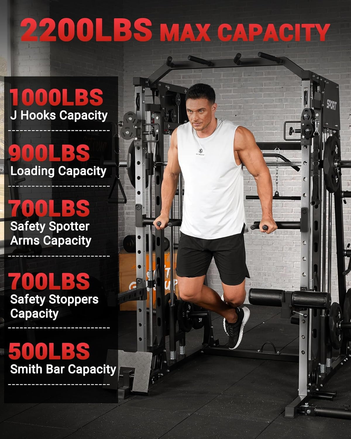 IdealHouse 2200LBS Smith Machine Home Gym, All-in-One Power Cage Squat Rack with LAT Pull-Down, Dual Pulleys & Attachments, Black