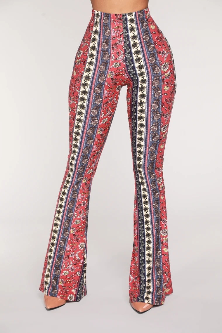 Side - Women's Tight Hip Retro Printed Micro Flared Pants Casual Pants