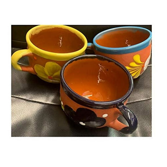 5 Mexican Flower design Cazuela de Barro Cerealero Grande Large Cereal Bowls Coffee Mug Traditional Clay Party Breakfast Dish Engobe Made in Mexico Brown