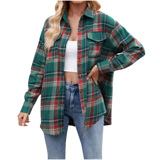 Women's Lightweight Flannel Plaid Button Down Shirts Oversized Long Sleeve Shacket Jacket Tops