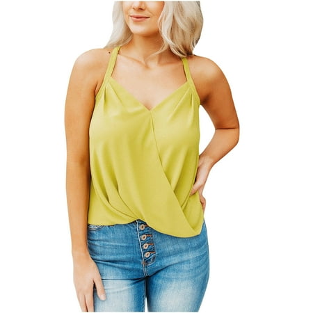 

CYMMPU Women Clothing Women s Sleeveless Slim Fit Crop Tops Cami Solid Summer Shirts Streetwear Cropped Tank Sexy Bustier Round Neck Tank Yellow