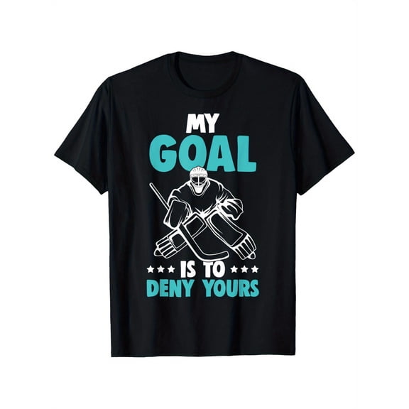 Ice Hockey Goalie Graphic T-Shirt - "My Goal Is to Deny Yours" Design for Boys & Girls, Black with Blue Print, Casual Fit, Short Sleeve, Machine Washable, All-Season Wear