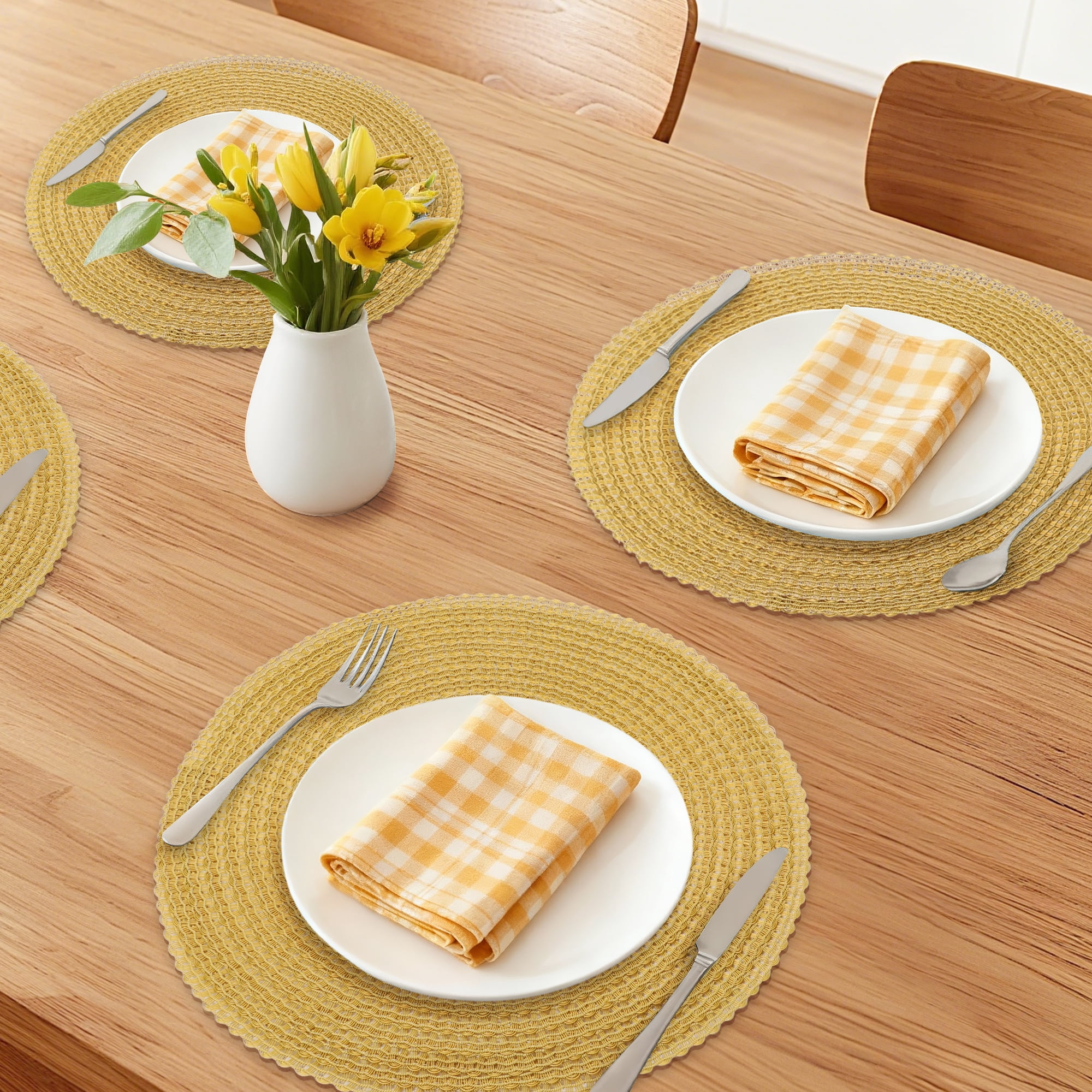 Unique Bargains Set of 6 Round Woven Placemats for Dining Table Yellow