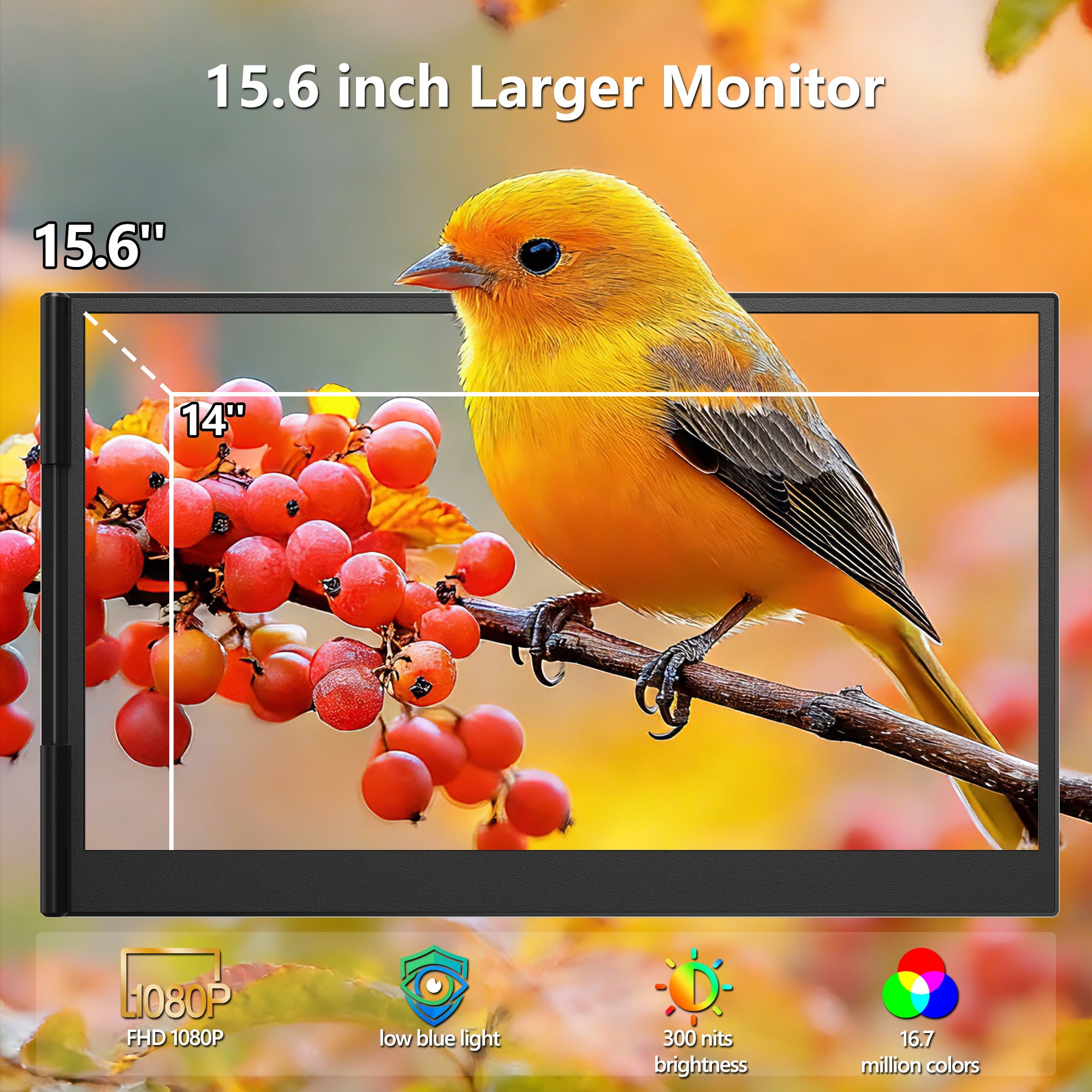 Laptop Screen Extender, 15.6” Ultra-Slim Triple Portable Monitor, 1080P FHD IPS Display, USB-C/USB-A Connection, Travel Monitor for 12–17" Laptops, Windows/Mac/Android