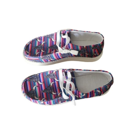 

Kesitin Ladies Lightweight Round Toe Loafers Driving Leopard Print Casual Lace Up Canvas Loafer Stripe 9